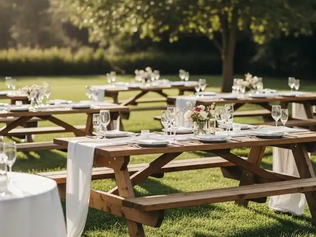 Renta de Mesas Tipo Picnic para Bodas en Jardín